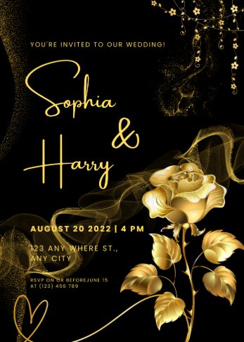 A Touch of Heart Black and Gold Wedding Invitations