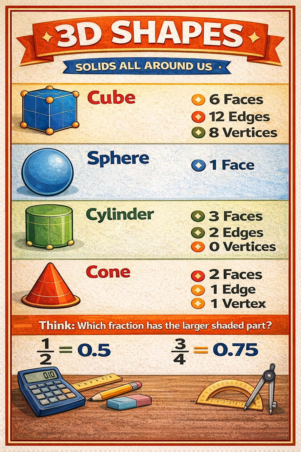 Educational poster about 3D shapes with illustrations and facts.