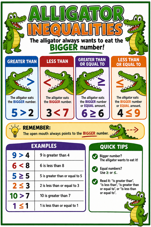 Alligator Inequalities – Bite Into Math Printable Poster – WJC Products ...