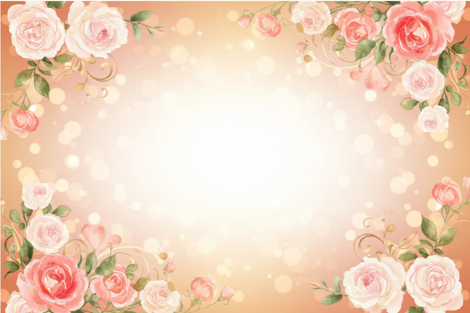 Decorative floral border with pink and white roses on a soft peach background.