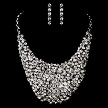 Antique Silver Clear Rhinestone Necklace Earrings Set 9963 51