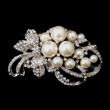 Antique Silver Clear Rhinestones With White Or Ivory Pearl Accent Brooch 211 46