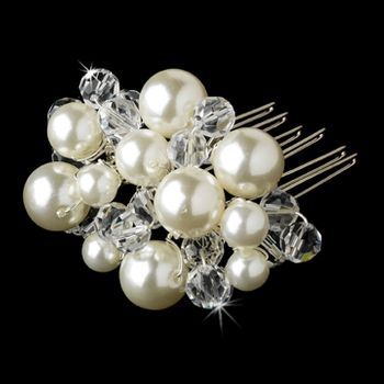 Beautiful Silver Clear Crystal Ivory Pearl Hair Comb 8154 26