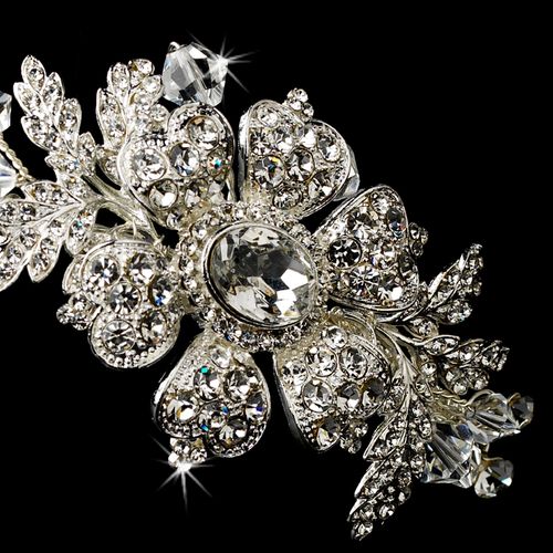Charming Silver Side Accented Flower Headpiece W Clear Rhinestones Austrian Crystals 9853 50