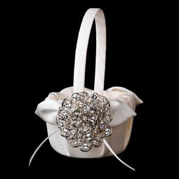 Regal Floral Flower Girl Basket with Antique Brooch – Ivory Edition #1133