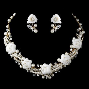 Gold Ivory Pearl Rhinestone Swarovski Crystal Necklace Earrings Flower Jewelry Set 9613 35