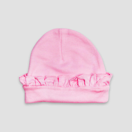 Baby Beanie With Ruffles – Polyester Cotton Blend Pink 0-6M