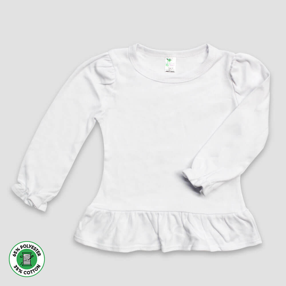 Youth Girls' Long Sleeve Ruffle T-Shirts – White – Polyester Cotton Blend White XS