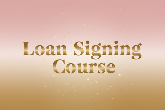 Text 'Loan Signing Course' on a gradient pink to gold background