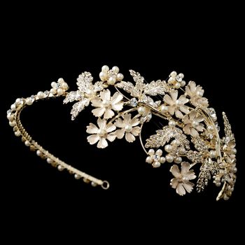 Lt Gold Champagne Rhinestone Ivory Pearl Floral Side Headband 1534 170