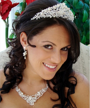 Pearl Swarovski Crystal Bridal Necklace Earring Tiara Set 7825 72