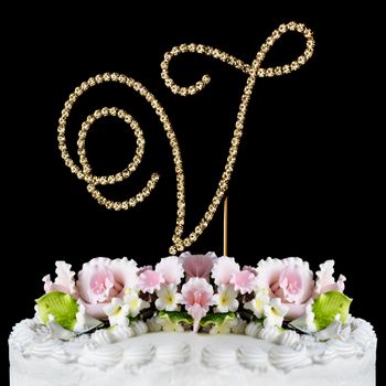 Renaissance Swarovski Crystal Wedding Cake Topper Gold Letter V 74