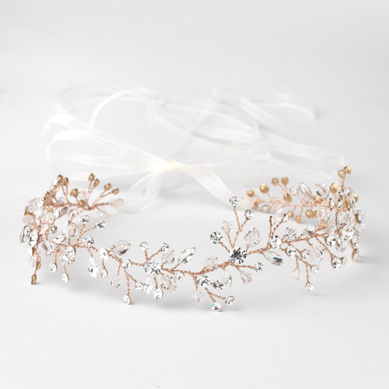 Rose Gold Clear Swarovski Crystal Bead Vine Bridal Wedding Ivory Organza Ribbon Accent Headband 10001 175