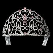 Royal Sweet 15 Quincea Era Silver Headpiece Covered In Clear Pink Rhinestones 251 53