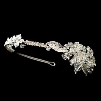 Side Accenting Rhinestone Floral Leaf Bridal Headband In Silver 9600 50