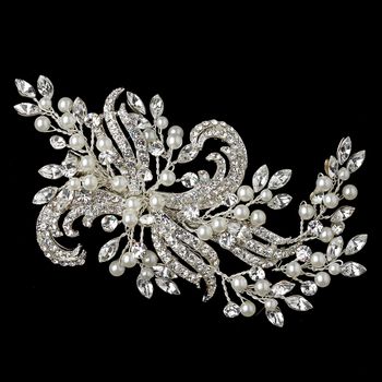 Silver Diamond White Pearl Rhinestone Hair Vine Clip 86