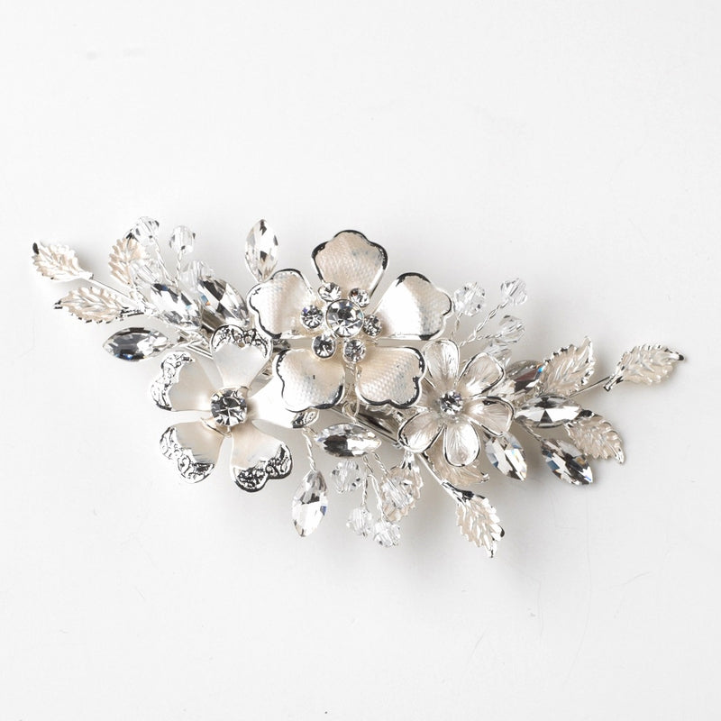 Silver Ivory Enameled Flower Hair Clip 34 W Swarovski Crystal Beads Rhinestones 67