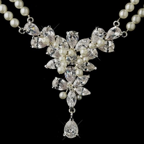 Silver Ivory Pearl Floral Cz Necklace Earrings Bridal Jewelry Set 8701 111