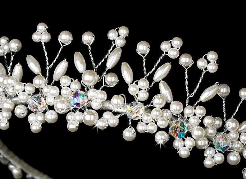 Silver Plated And Ivory Pearl Swarovski Bridal Tiara Hp 727 33