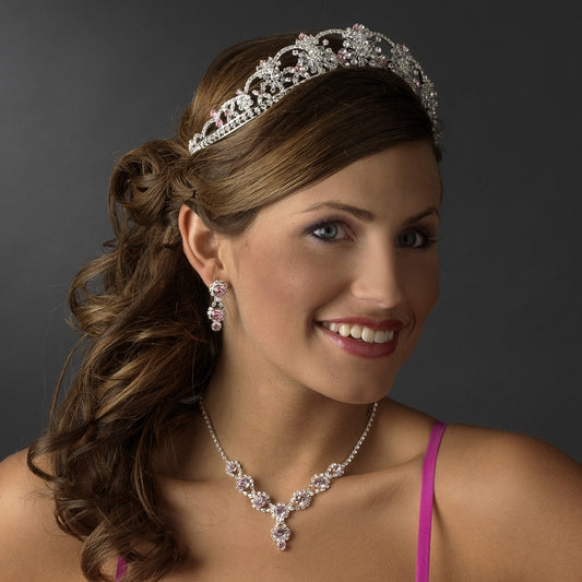 Sparkling Rhinestone Swarovski Crystal Covered Tiara With Light Pink Accents In Silver 523 77