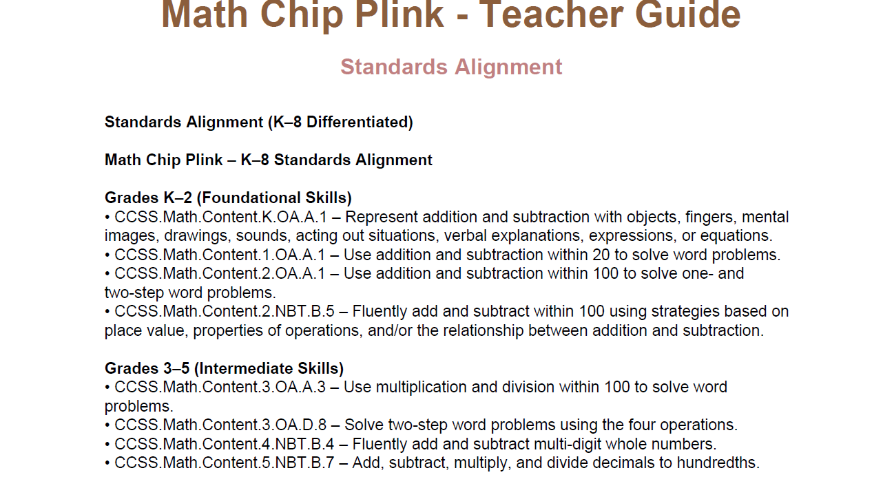 Math Chip Plink Teacher Guide Standards Alignment document on a white background